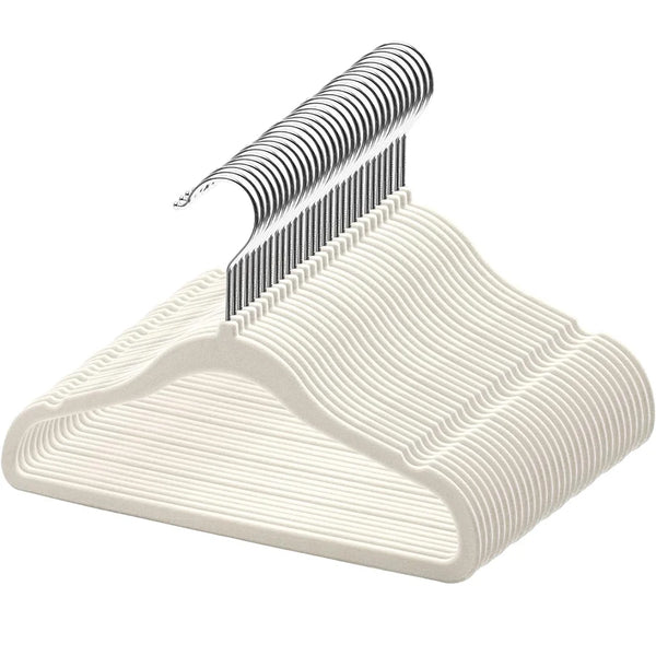 A white multi-pack of non-slip velvet hangers for children, showing the hangers and a hanger rack.