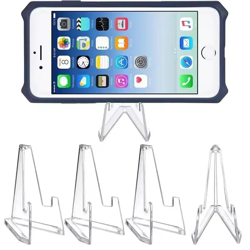Clear acrylic display stands for collectibles shown in various angles