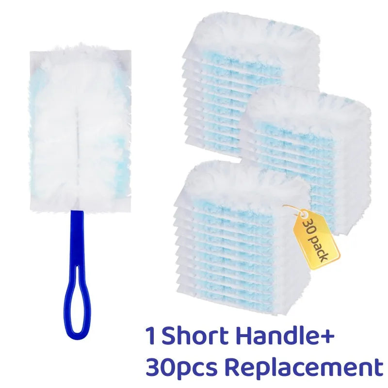 A package of 30 replacement short handle electrostatic cleaning duster refills with white and light blue fluffy heads.