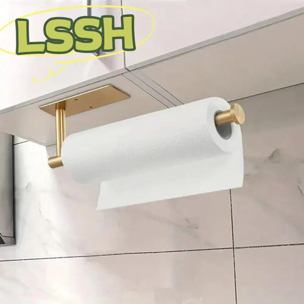 Stainless steel under cabinet paper towel holder with a white roll
