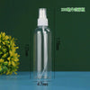 A clear glass spray bottle with a white pump dispenser is shown against a dark green background.