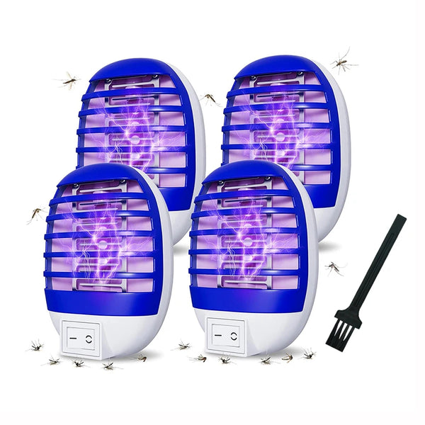 A white mosquito killer LED trap lamp with purple glowing light and a black electric plug.