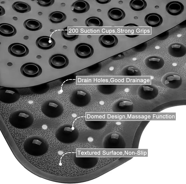 A close-up view of a black bathtub mat featuring suction cups, drain holes, a domed design, and a textured surface.
