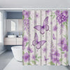 A shower curtain featuring a floral pattern of purple and green peonies and butterflies.