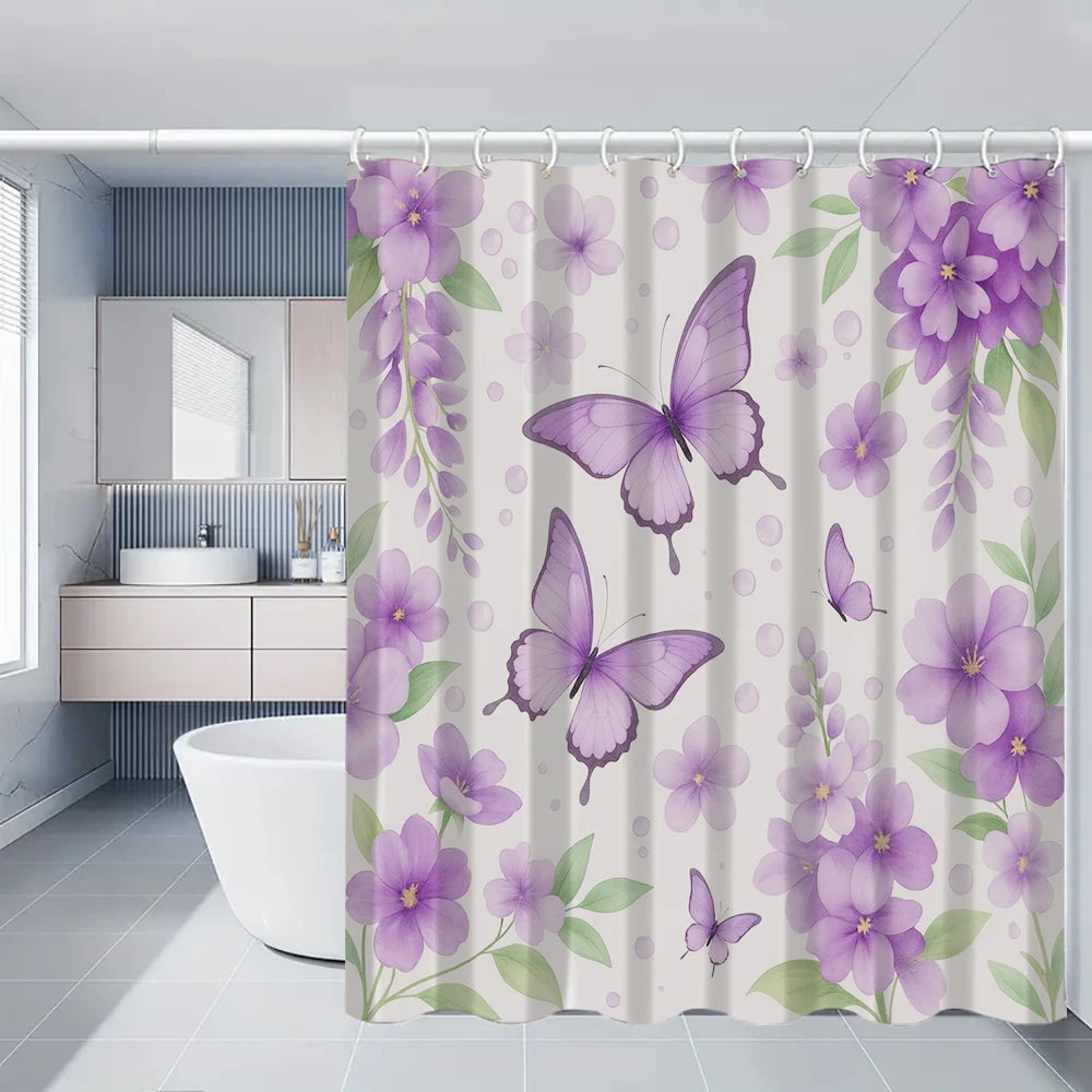 A shower curtain featuring a floral pattern of purple and green peonies and butterflies.