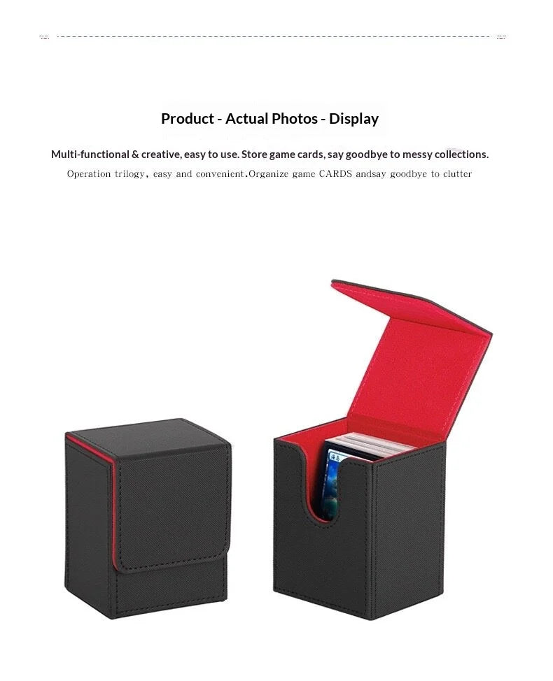 A black PU leather magnetic card deck box with a red interior lining and an open lid displaying cards.