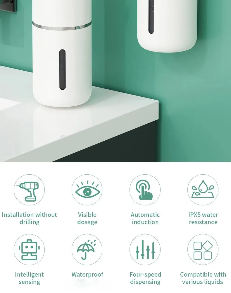 Dispensador de jabón blanco recargable automático montado en pared verde, mostrando características como dosificación visible