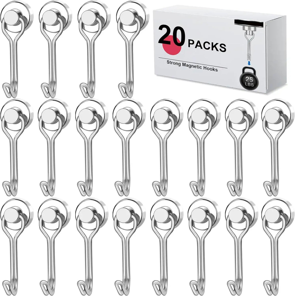A set of 20 strong magnetic hooks for household storage, packaged in a white box.
