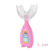 Pink silicone U-shaped toothbrush with an owl design for children aged 2 to 6 years.