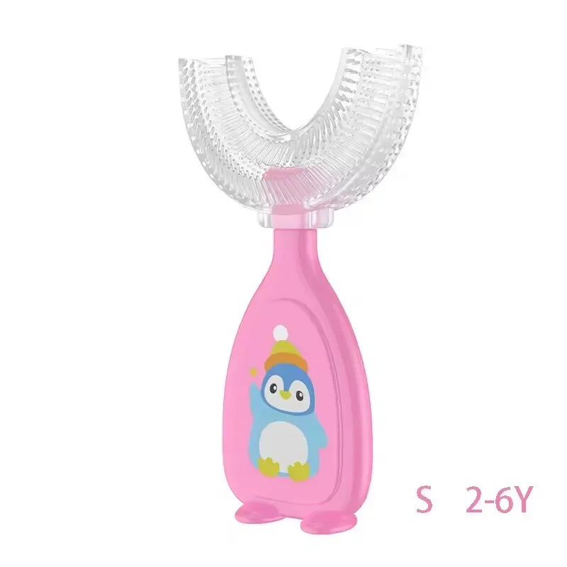 Pink silicone U-shaped toothbrush with an owl design for children aged 2 to 6 years.