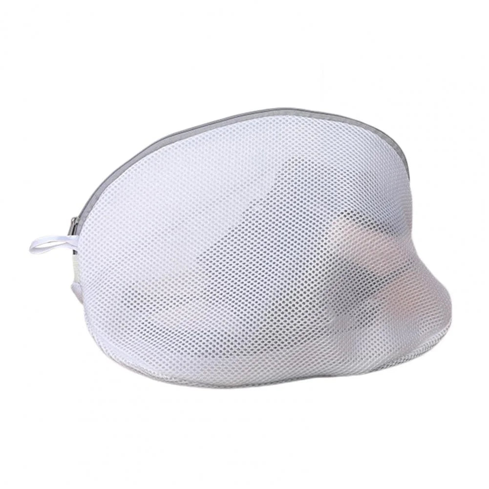 A white mesh laundry bag designed for storing shoes, socks, and bras.
