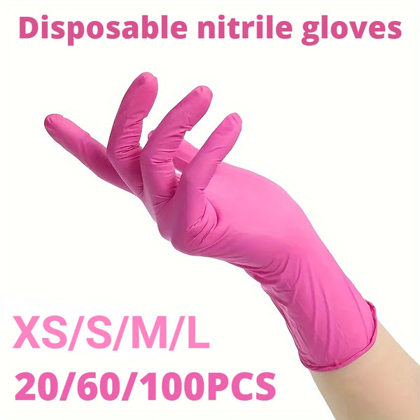 A hand wearing a bright pink disposable nitrile glove is shown, with size options and quantity listed below.
