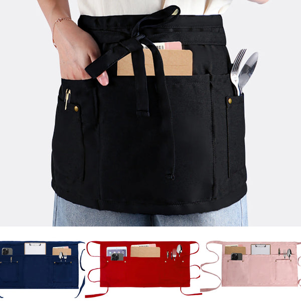 Black unisex server apron with utility pockets shown in various colors