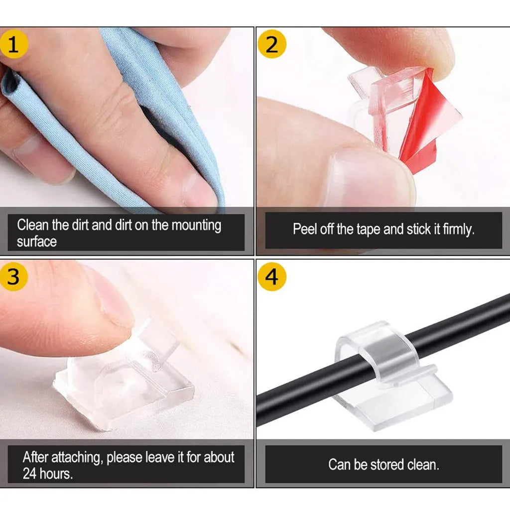 Step-by-step guide showing how to clean, attach, and store cable organizer clips and holders.