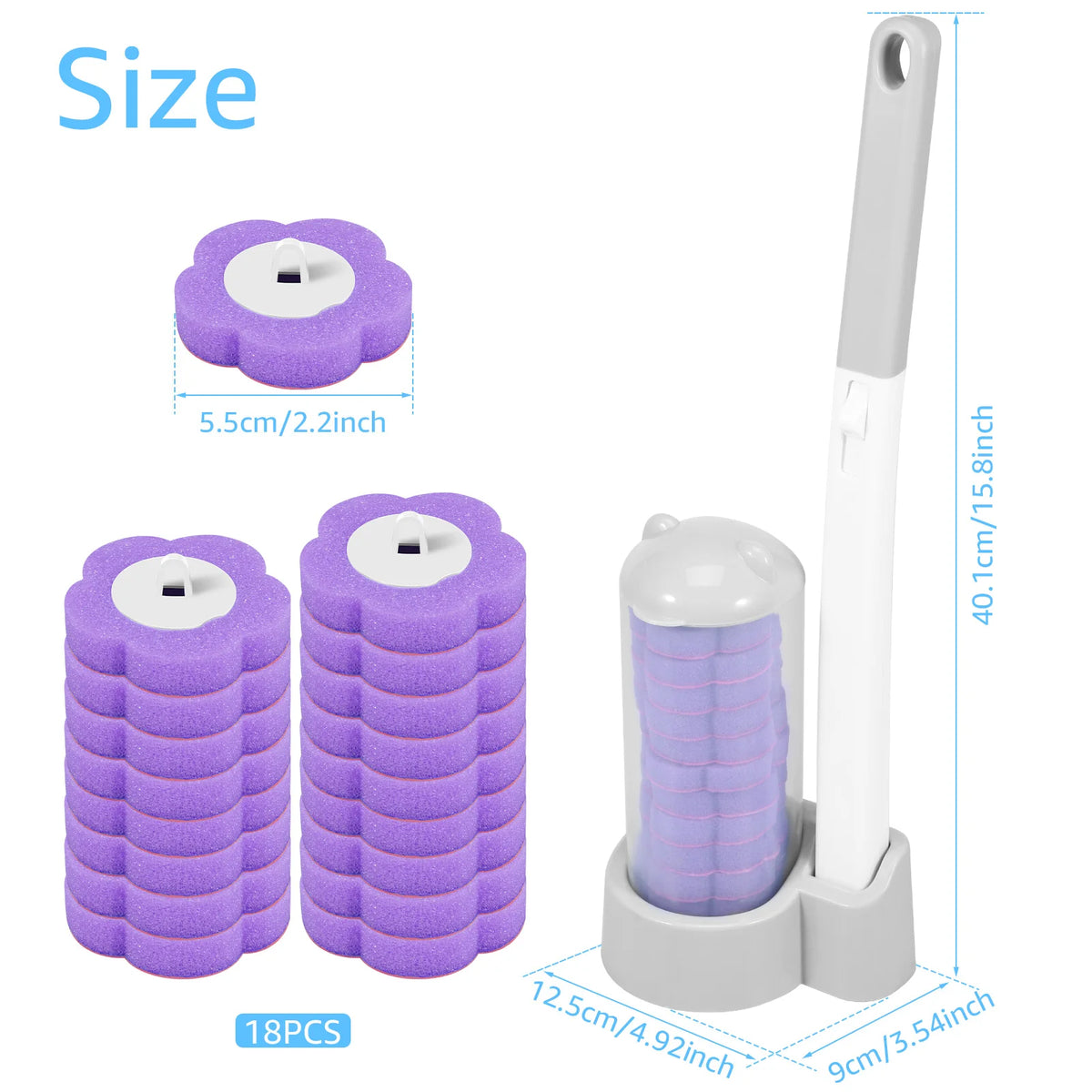 Set lila Reinigungspinsel mit langen Griffen für die Toilette in verschiedenen Größen und ein Aufbewahrungshalter.