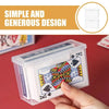 A hand holds a transparent plastic storage box designed for organizing cards and sundry items.
