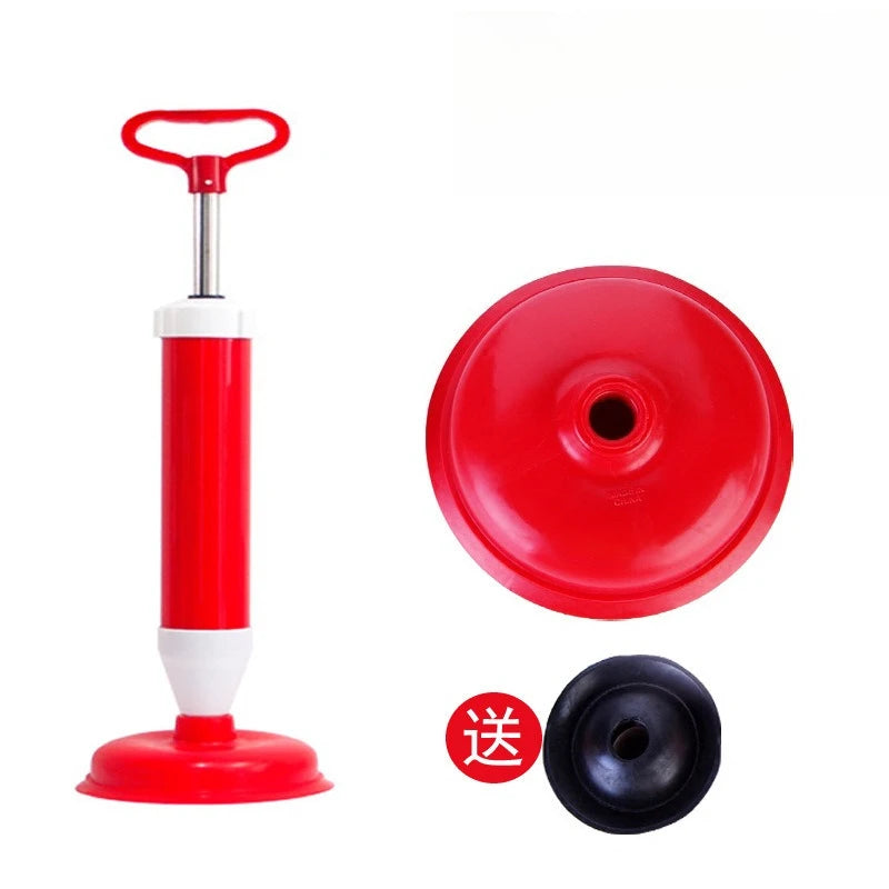 A red heavy-duty toilet plunger with a white handle and a black rubber seal.