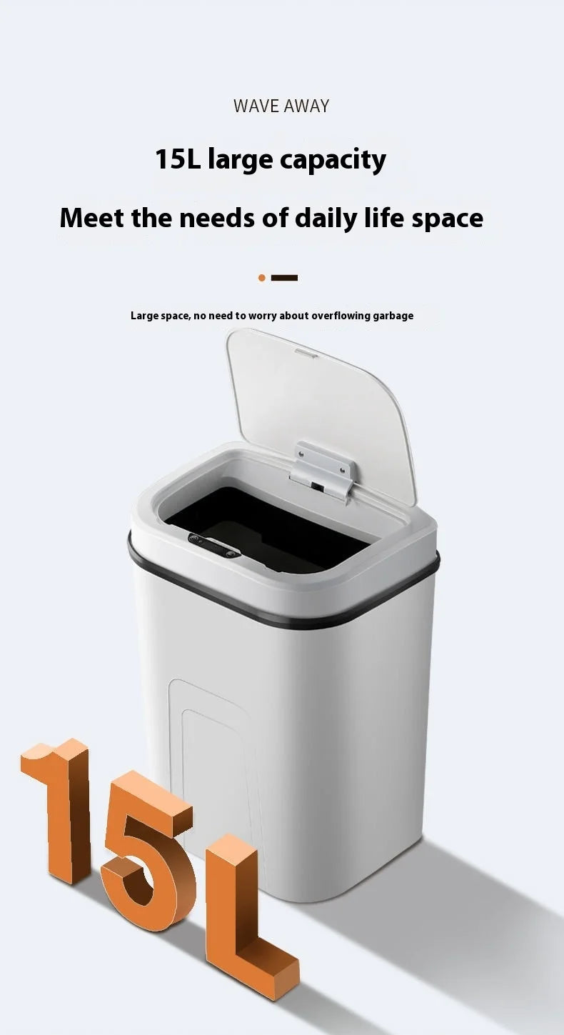 A white 15L touchless sensor trash can with a lid is shown on a light gray background.