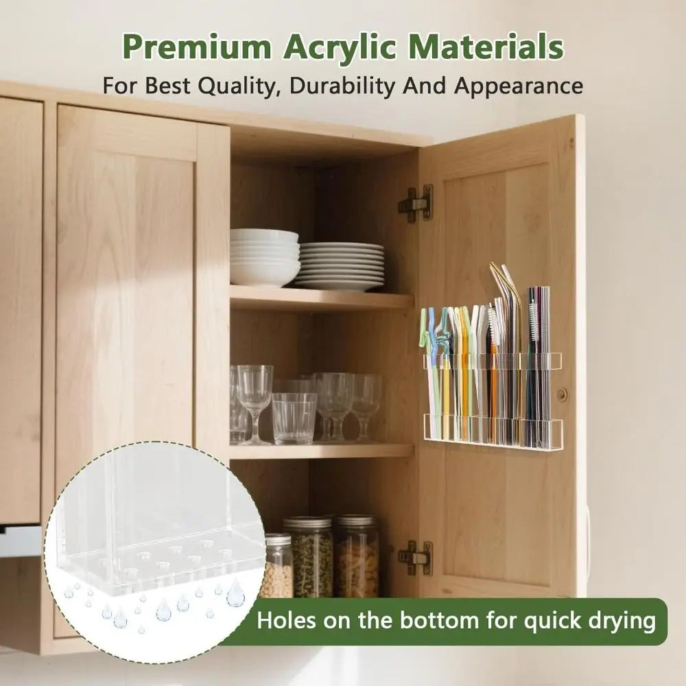 Wooden cabinet interior showing acrylic straw holders and glassware on shelves