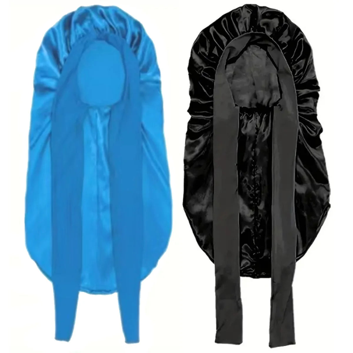 A pair of satin sleep bonnets, one blue and one black, shown flat.