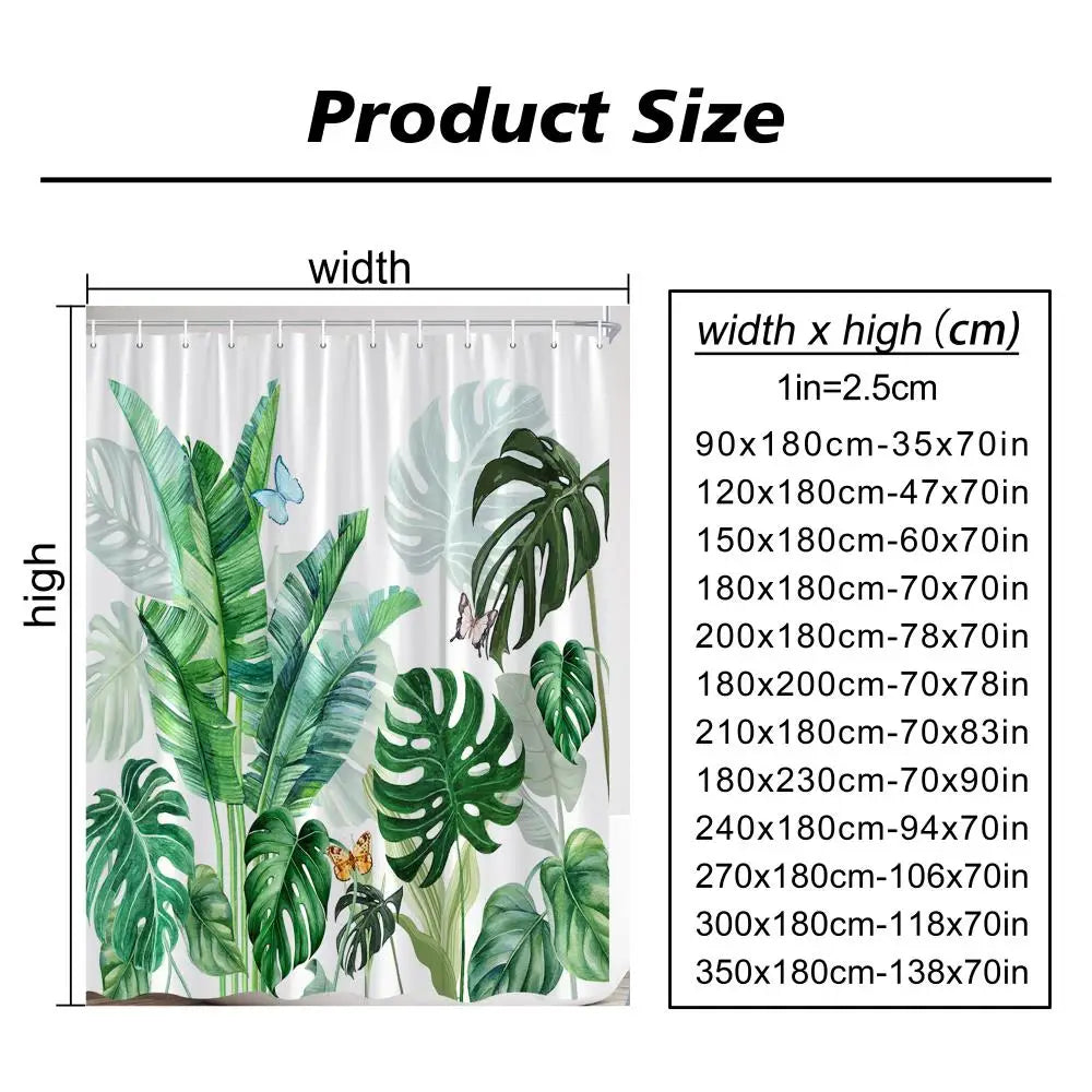 Variedad de hojas tropicales verdes impresas en una cortina de ducha blanca con medidas.