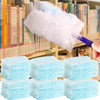 A white reusable duster refill with a purple handle is shown next to stacks of light blue cleaning cloths.