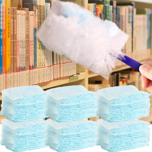 A white reusable duster refill with a purple handle is shown next to stacks of light blue cleaning cloths.