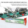 A tube of HXP-603 solder paste flux is shown next to a circuit board with bright, full solder joints.