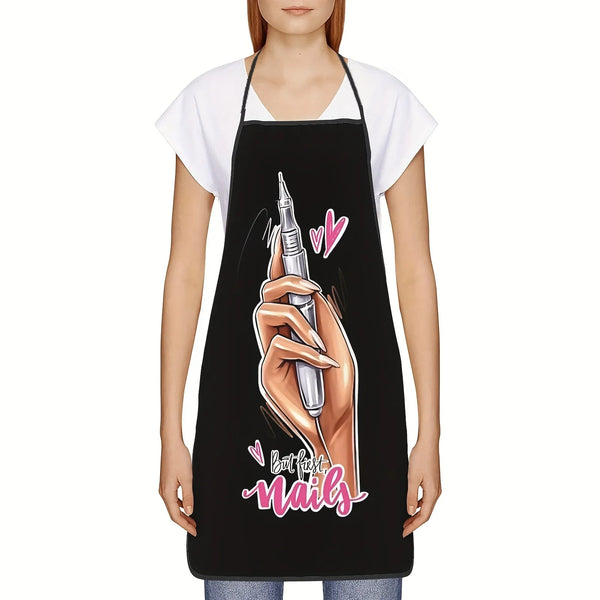 Black apron featuring a hand painting nails with pink and white accents