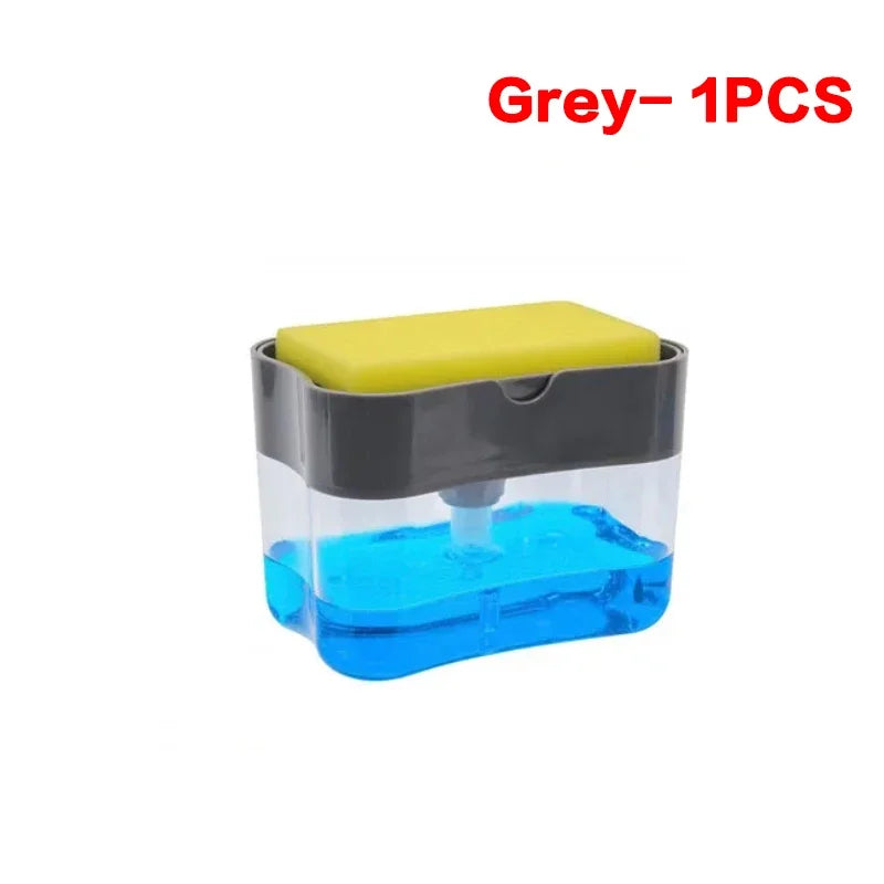 A grey liquid soap dispenser with a yellow sponge holder and blue liquid inside.