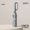 Grey windproof folding umbrella with a carabiner handle shown against a neutral background.