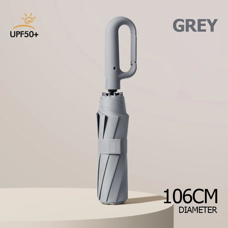 Grey windproof folding umbrella with a carabiner handle shown against a neutral background.