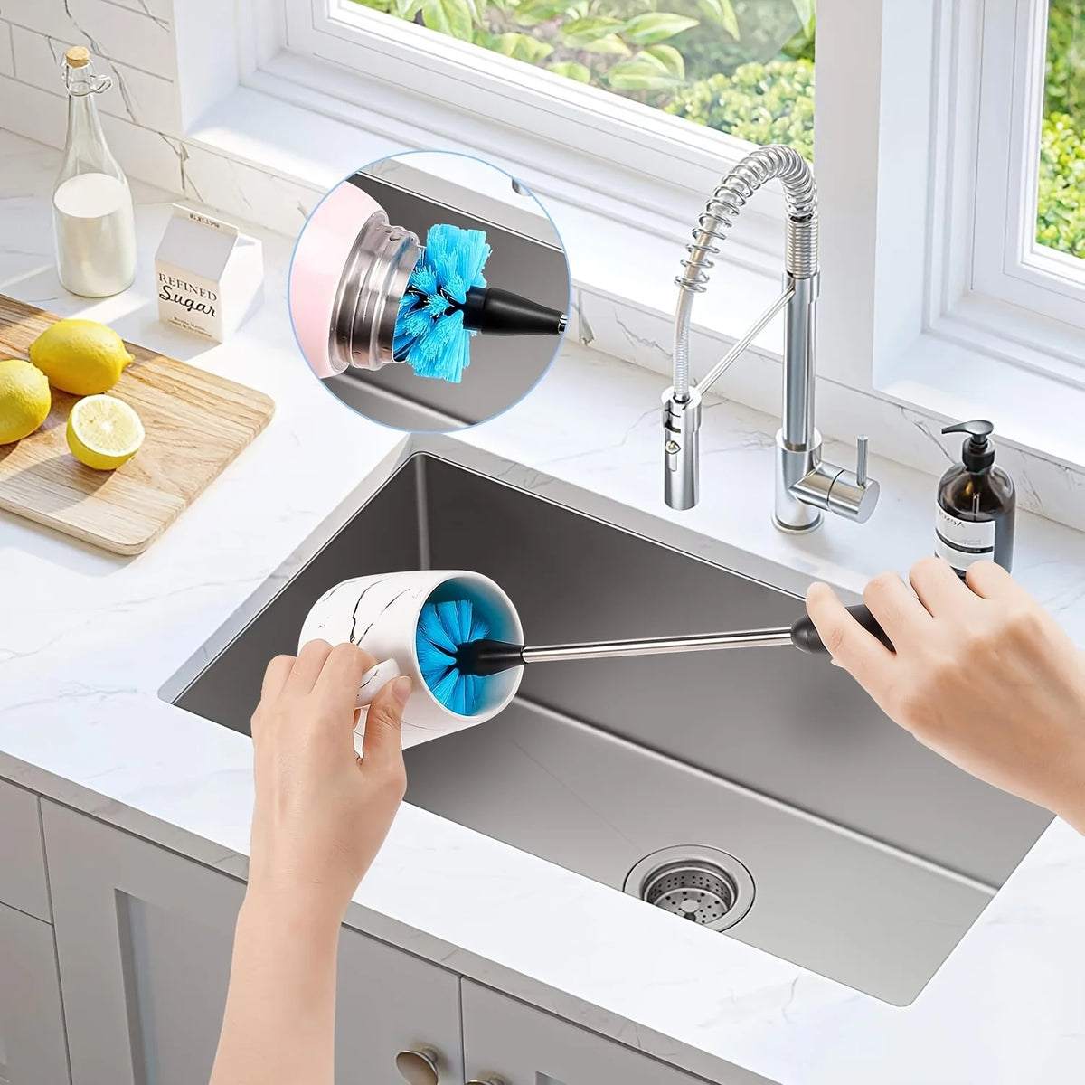 A person is cleaning a stainless steel kitchen sink using a 3-piece bottle brush set.