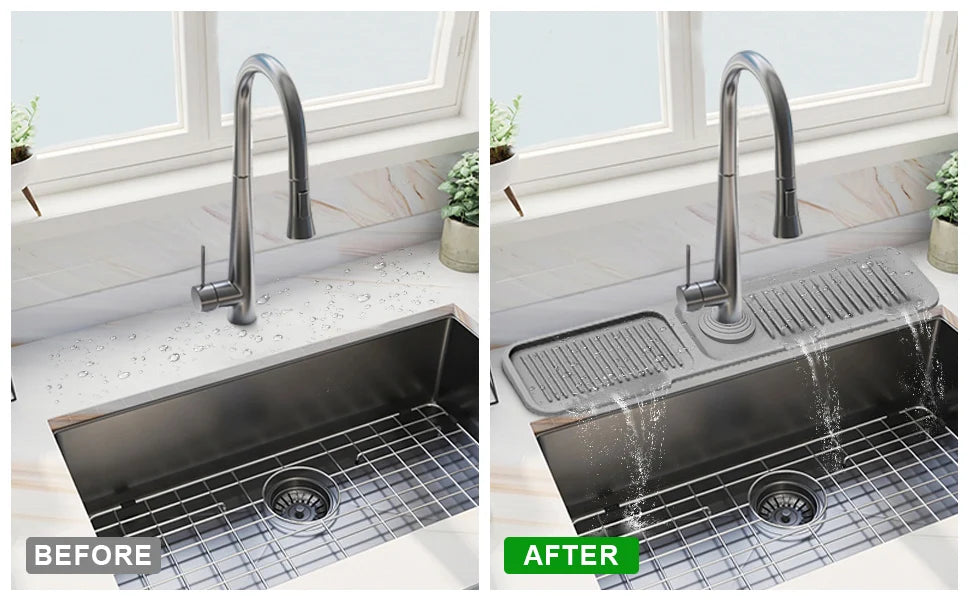 Before and after comparison of a silicone sink splash guard mat installed on a kitchen sink.