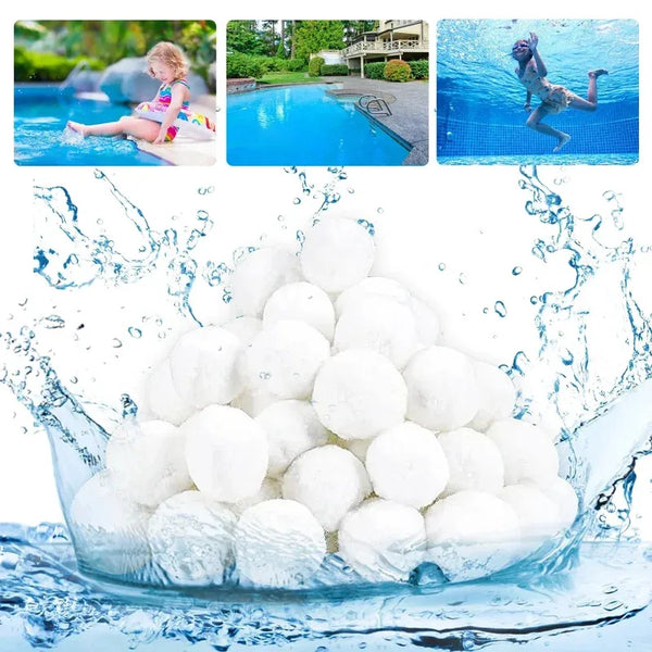 A pile of white eco-friendly pool filter cleaning balls submerged in clear water.