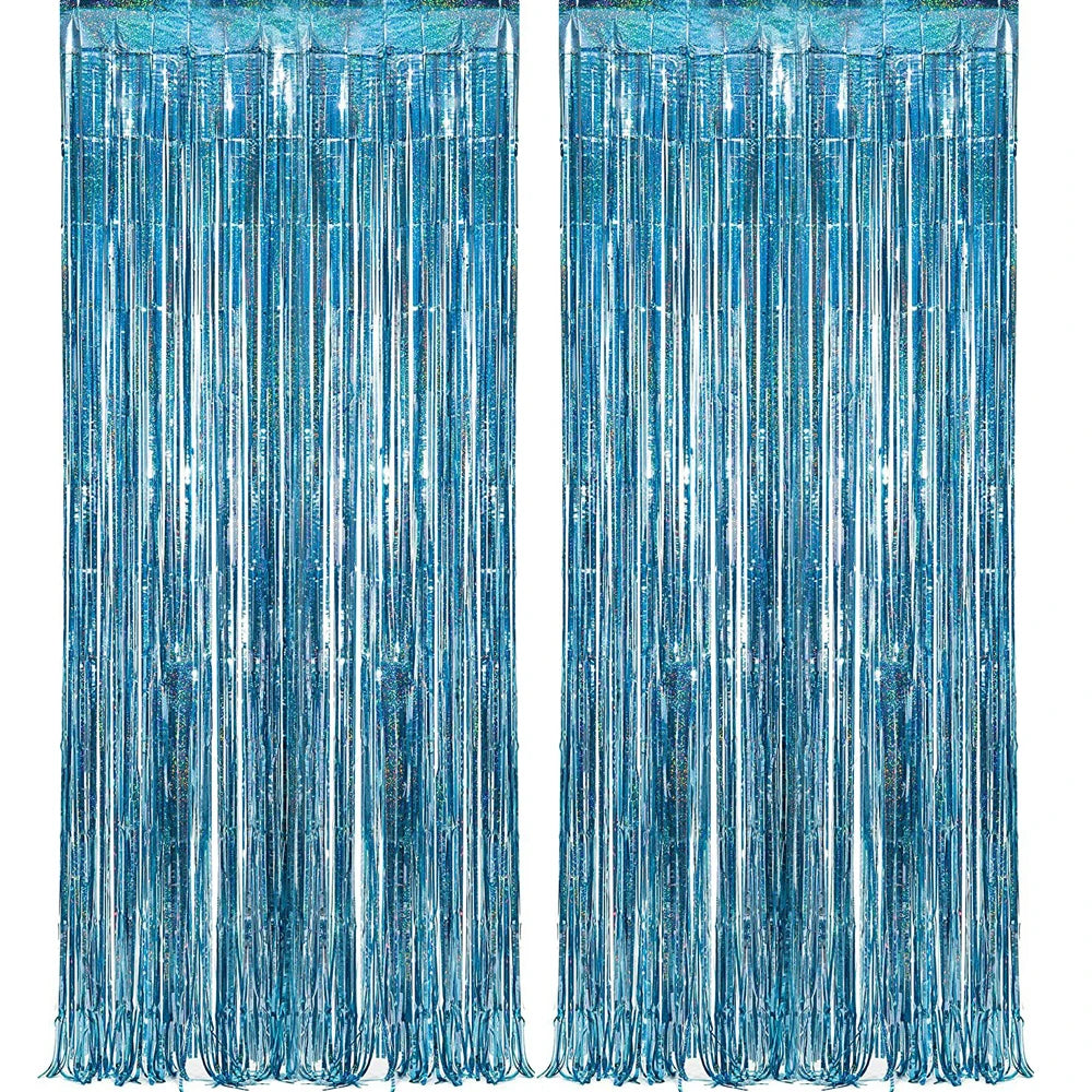 Blue tinsel fringe curtain backdrop set with shimmering strands