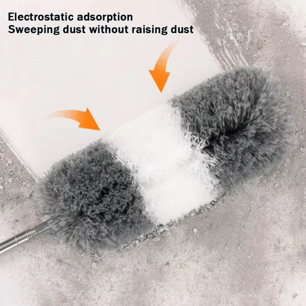 A microfiber duster set with gray and white sections is shown being used for electrostatic adsorption cleaning.