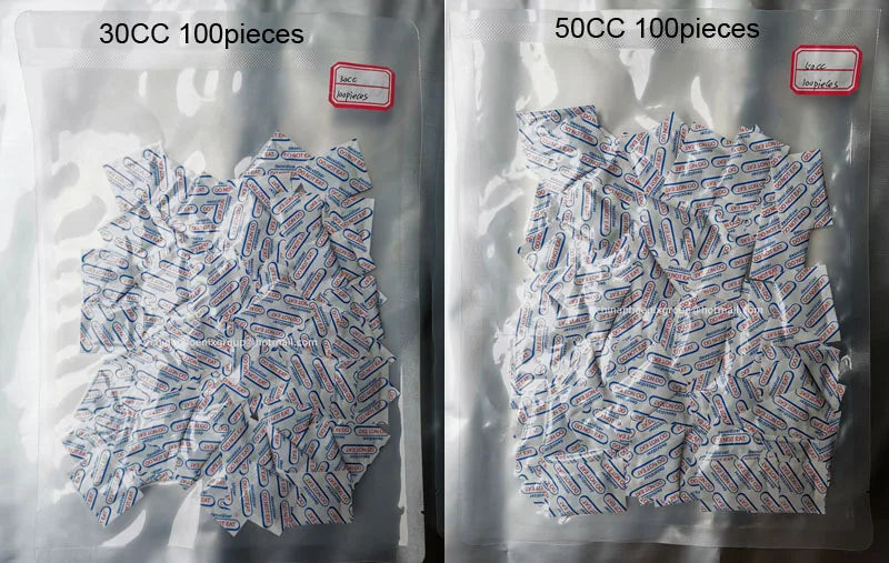 A comparison of 30CC and 50CC food grade oxygen absorbers, showing the quantity of pieces in each package.