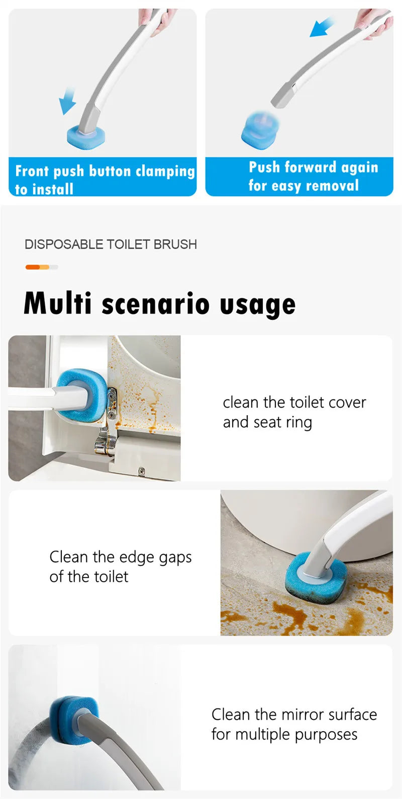 Einweg-WC-Bürste zum Reinigen der Toiletteklappe, Sitzring, Kanten und Spiegeloberfläche.