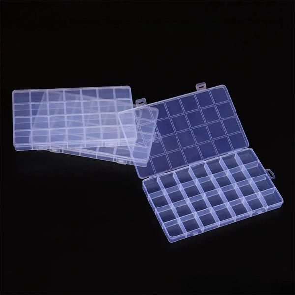 A transparent grid storage box for jewelry and beads, shown in various configurations.