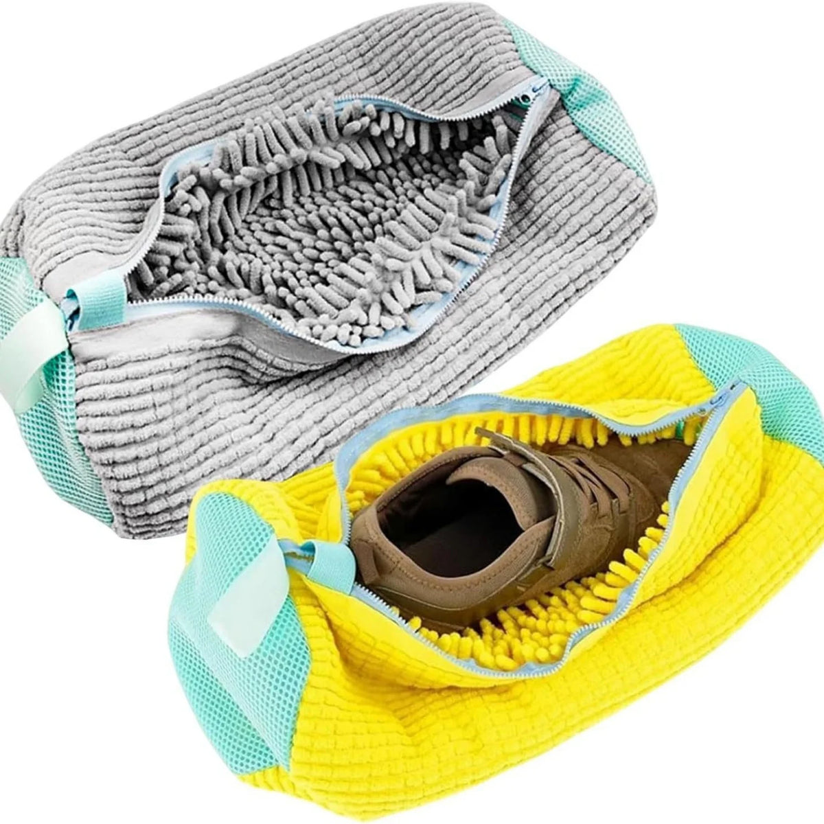 A reusable shoe washing bag with soft bristles, shown in gray and yellow colors.