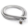 A coiled flexible stainless steel shower hose with a metal connector tip.