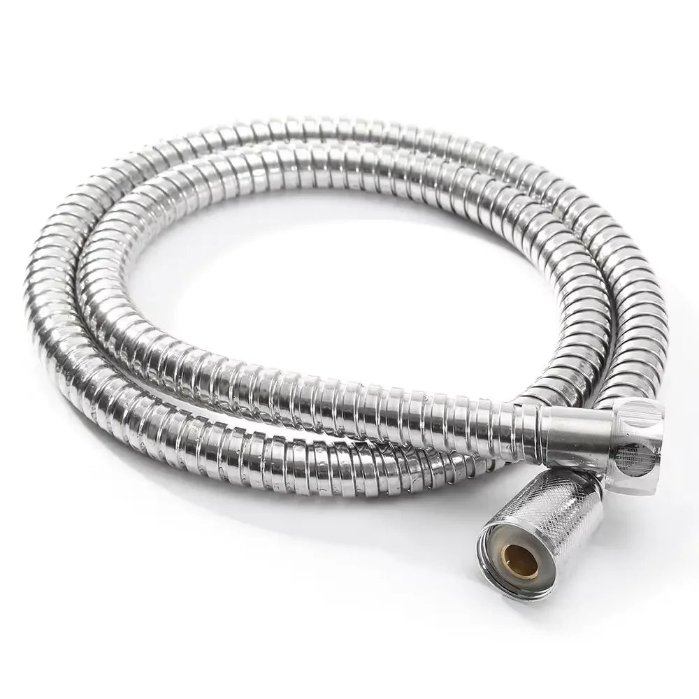 A coiled flexible stainless steel shower hose with a metal connector tip.