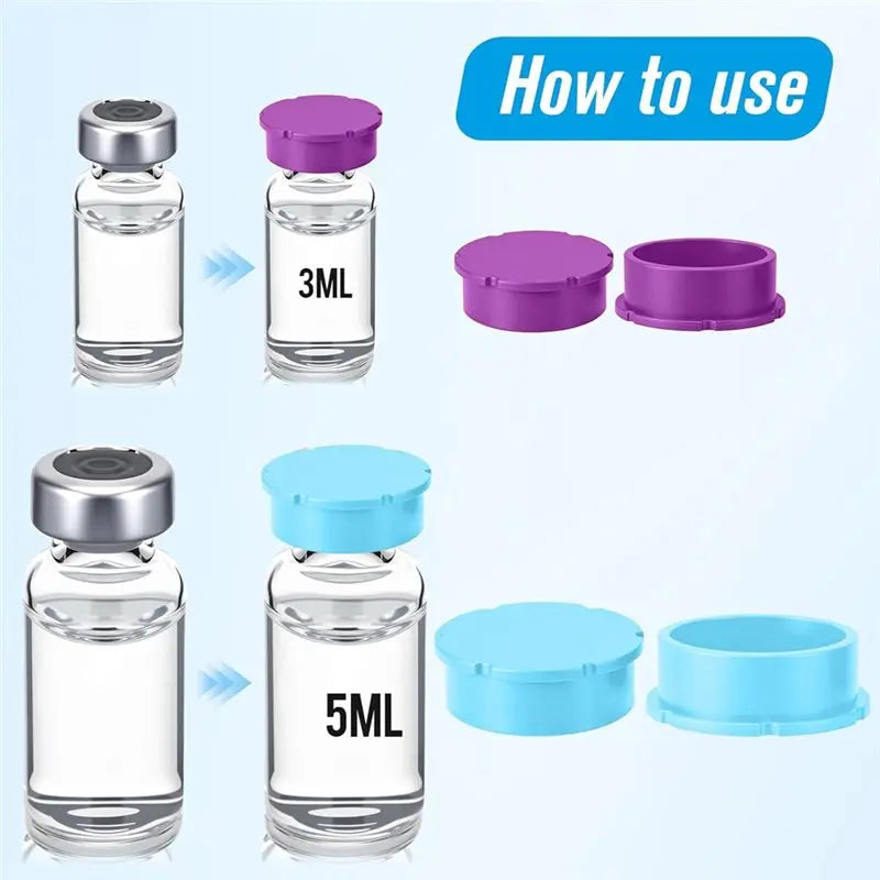 Set of reusable silicone vial caps and glass vials for liquid storage showing 3mL and 5mL sizes
