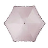 A light pink compact 5-fold lace umbrella with a geometric pattern and golden curved handle.
