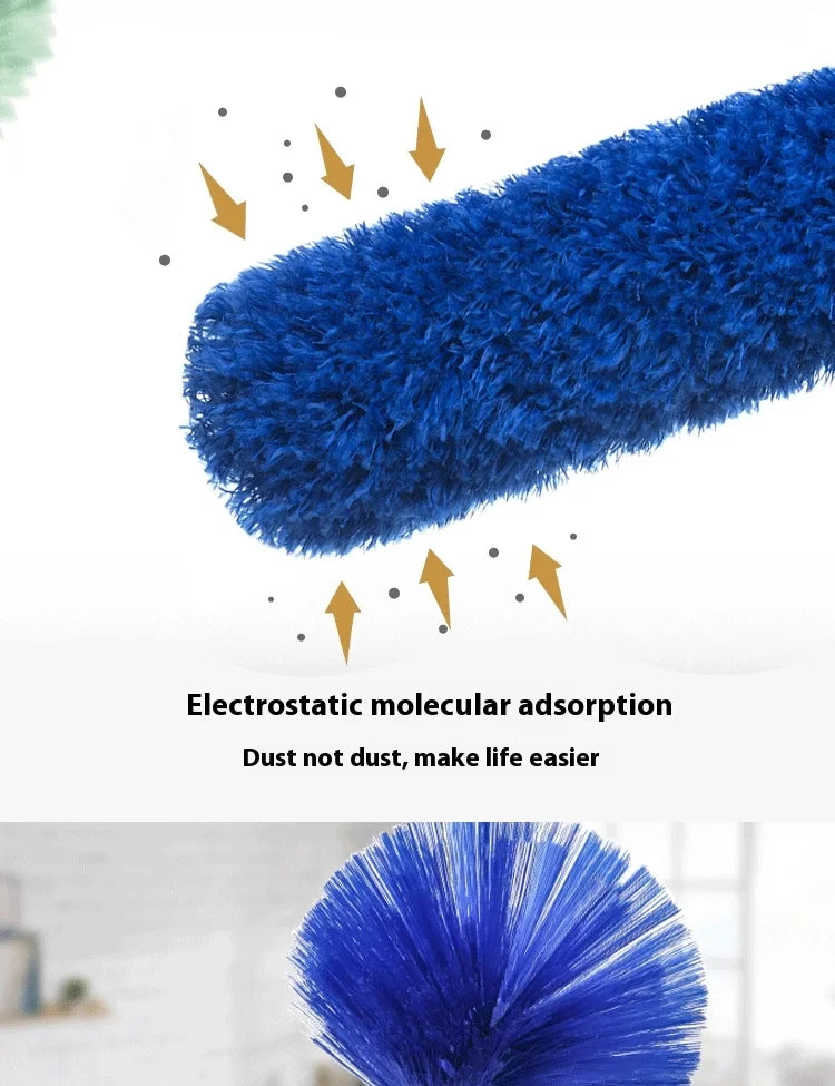 A close-up of a blue electrostatic molecular duster being used to remove dust from a surface.