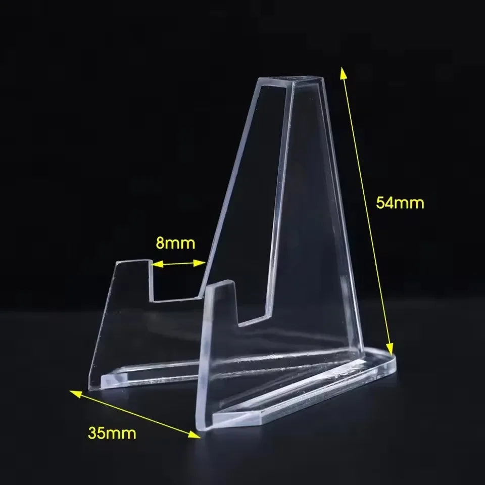 Clear acrylic display stand with measurements indicating its dimensions.