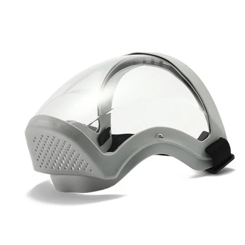 A gray full face anti-splash protective goggles with a clear visor shown from the side.
