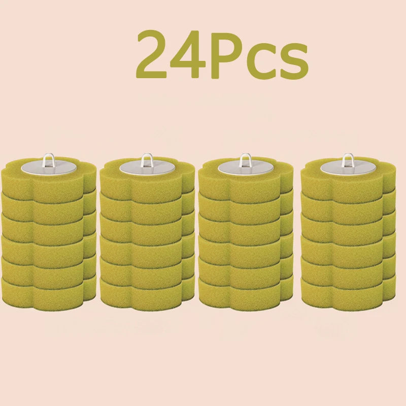 A set of 24 reusable yellow toilet cleaning brushes stacked in a row.