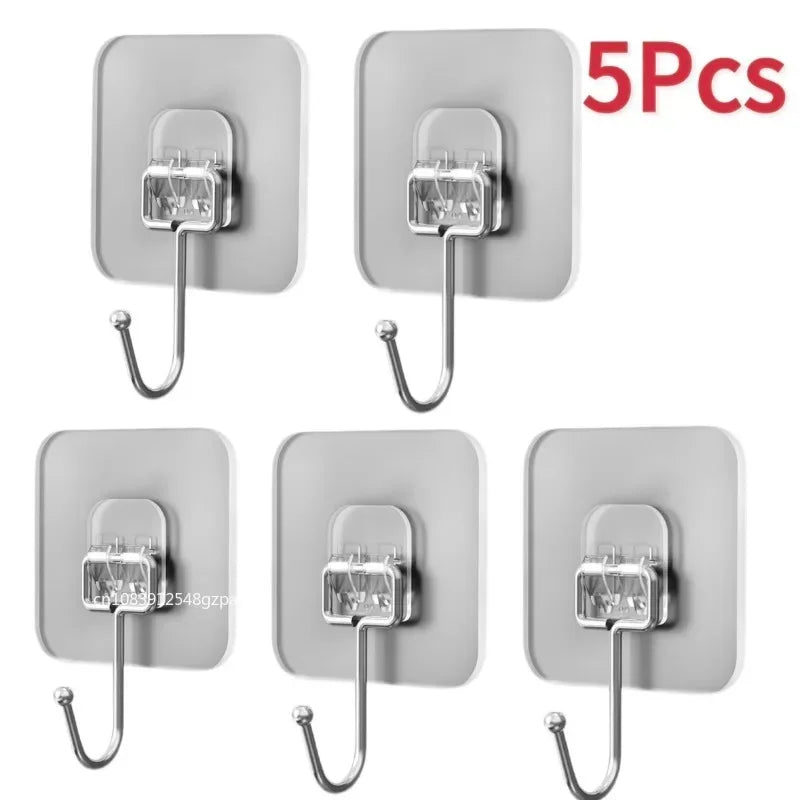 Five pairs of silver self-adhesive rotating wall hooks for storage and display.